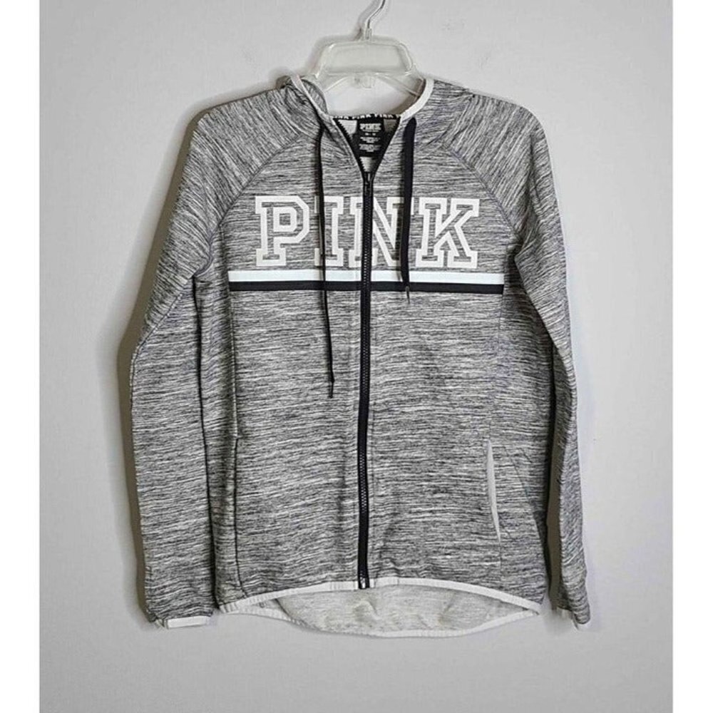 Victoria Secret Pink Zip Front Gray White Hoodie Thumb Holes & Pockets Sz XS